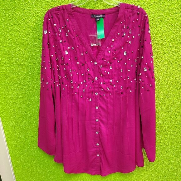 Roaman's Pink Sequin Buttoned Blouse - Picture 1 of 5